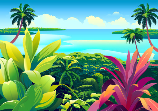 Tropical landscape with palm trees,  flowers, islands, clouds and the sea in the background. Handmade drawing vector illustration. Retro style poster.