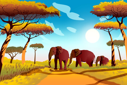 African savanna landscape with acacia trees in the first plan and elefants in the background. Handmade drawing vector illustration.