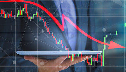 Office man finger touch hud, virtual screen with stock market changes, business candlesticks graph chart. Double exposure of lines, growing numbers, online trading