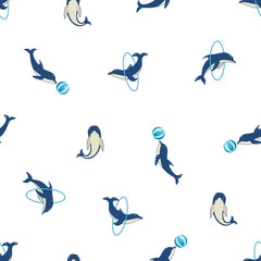Seamless Pattern dolphins in different poses, vector illustration of marine animals. Painted dolphins swim and players in dolphinarium.