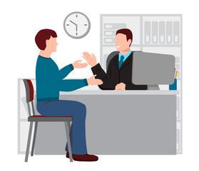 Male manager is sitting at a table. Young man is sitting on a chair. The guy communicates with the supervisor. Discussion between the boss and the subordinate. Vector illustration in flat style