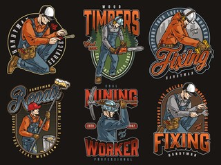 Men working with tools colorful patches set