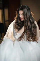 Fototapeta premium Charming happy bride with long veil. Backlight in a dark room