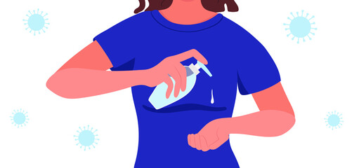Vector Character Woman Washing Her Hands Surrounded by Coronavirus Cartoon Style Illustration Flat Design Wash Hands Using Antebacterial Gel Hands.