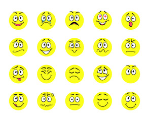 Vector Set of Faces Emotion Expressions Set, Yellow Circles with Different Emotional Expressions Isolated on White Background, Happy and Sad Illustration.