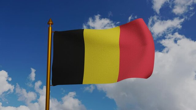National flag of Belgium waving 3D Render with flagpole and blue sky timelapse, Kingdom of Belgium coat of arms of Royaume de Belgique, Drapeau belge or Belgian flag, Flagge Belgiens. 4k footage