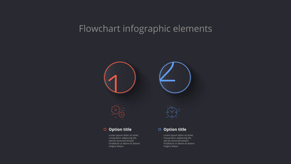 Business 2 step process chart infographic. Circular corporate workflow graphic elements. Company flowchart presentation slide. Vector info graphic in isometric design.