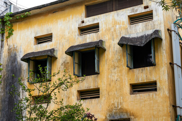 Close-up of residential buildings in an abandoned old residential area