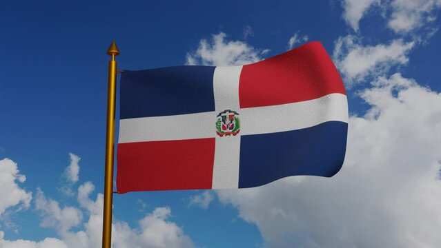 National flag of Dominican Republic waving 3D Render with flagpole and blue sky timelapse, Dominican flag textile designed by Juan Pablo Duarte, Dominican Republic independence day. High quality 4k