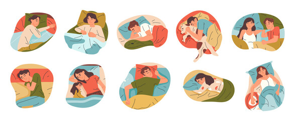 Fototapeta premium Sleeping humans, cartoon people in beds, resting, bedtime scenes. Couples, families and alone males and females sleeping in beds vector illustration set. Asleep characters collection