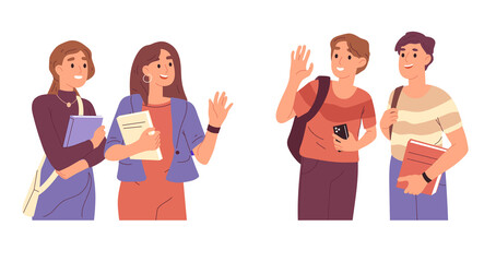 Cheerful students, girls and boys waving their hands. Classmates standing together with books and backpacks, chatting happy young people cartoon vector illustration. Smiling teenagers