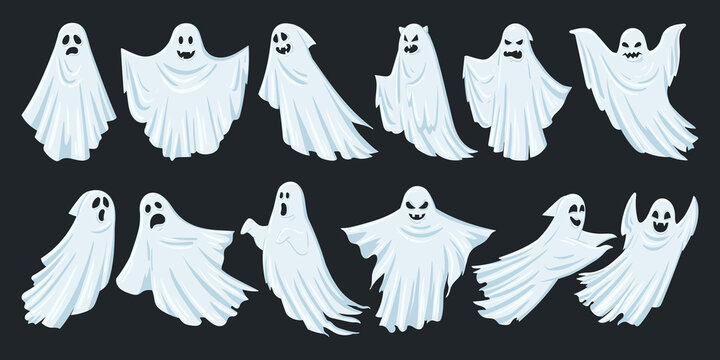 Cartoon night ghosts, mysterious spirit, shadow, and ghostly monsters. Halloween spooky mysterious flying ghost characters vector symbols illustrations set. Scary phantom shadows