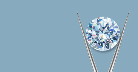 Blue Diamond Jewellery Website Banner. 3D Render of Diamond in Tweezers on Blue Background with Copy Space. 