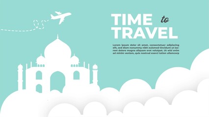 Time to travel poster with famous attractions vector illustration. Vector illustration