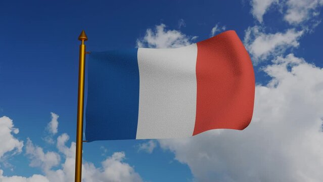 National flag of France waving 3D Render with flagpole and blue sky timelapse, drapeau francais tricolour or French Tricolour, ancient French colour or cockade of France, flag French Republic. 4k