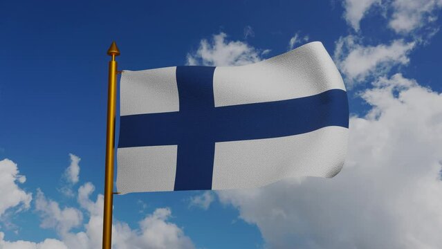 National flag of Finland waving 3D Render with flagpole and blue sky timelapse, Suomen lippu or Finlands flagga and Siniristilippu used Nordic cross, Finnish flag has Scandinavian cross. 4k footage