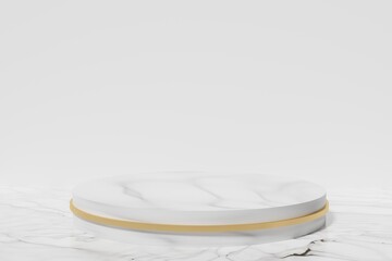 3d render of marble and gold podium on a marble floor on a white background