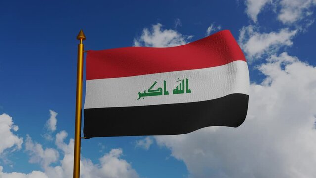 National flag of Iraq waving 3D Render with flagpole and blue sky timelapse, Islamic Republic of Iraq flag textile, Arab Liberation flag with Kufic script, coat of arms Iraq independence day. 4k