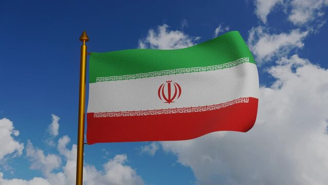 National flag of Iran waving 3D Render with flagpole and blue sky timelapse, Islamic Republic of Iran flag textile designed by Hamid Nadimi, coat of arms Iran independence day. High quality 4k footage