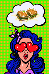 cool pop art woman thinking bubble ,baklava,surprised.