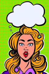 cool pop art woman thinking bubble ,surprised.