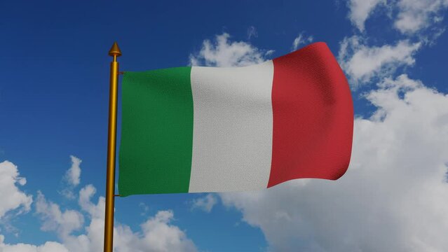 National flag of Italy waving 3D Render with flagpole and blue sky timelapse, Italian flag or il Tricolore bandiera dItalia, first tricolour cockade flag Italian Republic. High quality 4k footage