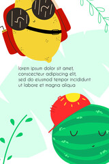 Summer flyer with fruit characters. Vector illustration in flat style