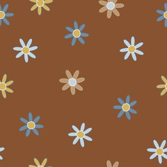 Seamless pattern with simple cartoon flower. Dark floral print. Vector hand drawn illustration.