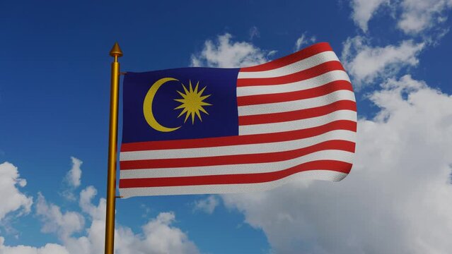 National flag of Malaysia waving 3D Render with flagpole and blue sky timelapse, Republic of Malaysia flag textile or Jalur Gemilang, Malaysian coat of arms Malaysia independence day. High quality 4k