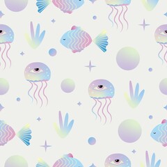 Fototapeta na wymiar Trippy Iridescent Seamless Pattern Design with Fish