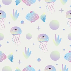 Trippy Iridescent Seamless Pattern Design with Fish