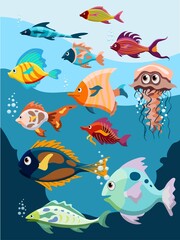 Set of various tropical fish in cartoon style