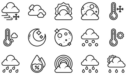Set of Vector Icons Related to Weather. Contains such Icons as Blizzard, Cloud, Cloudy Day, Cloudy Night, Cold, Cool and more.