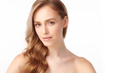 Obraz premium Beautiful young woman with clean fresh skin on white background, Face care, Facial treatment, Cosmetology, beauty and spa, women portrait.