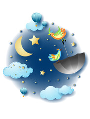 Fototapeta na wymiar Night landscape with flying umbrella and birds, fairy tale. Vector illustration eps10