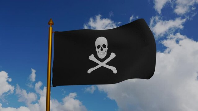 Jolly Roger or pirate ship flag waving 3D Render with flagpole and blue sky timelapse, pirate ship flag in Golden Age of Piracy, skull and crossbones, Pirates of the Caribbean sea and Black Pearl.