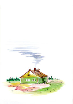 watercolor rural house in a meadow with a fence