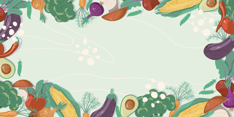 Vector framing assortment of fresh organic vegetables avocado, broccoli, green pea pods, corn, mushrooms, onions, beet on light background, close up. Place for text. Banner, landing page.