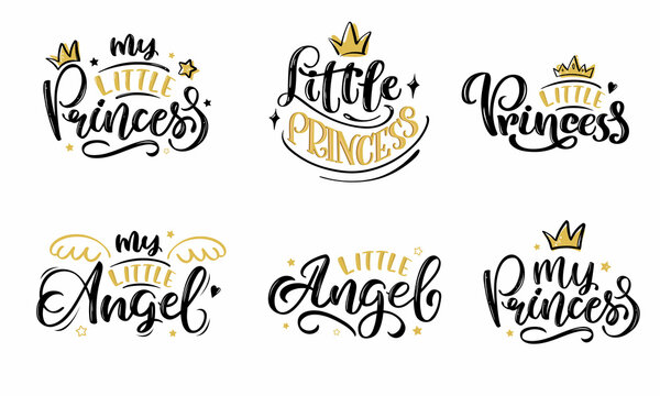A set of inscriptions for a girl. Vector illustration of Little Princess and Angel. Princess badge, tag, icon. T-shirt design, card, banner template. Little Girl lettering typography.