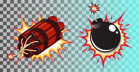 Set of comic style bomb and dynamite. Vector illustration

