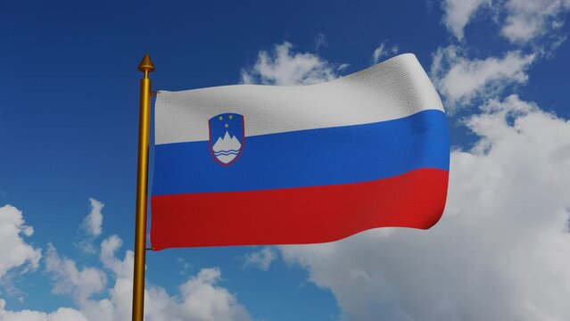 National flag of Slovenia waving 3D Render with flagpole and blue sky timelapse, Republic of Slovenia flag textile, slovene zastava Slovenije, coat of arms Slovenia independence day, Slovene tricolor.