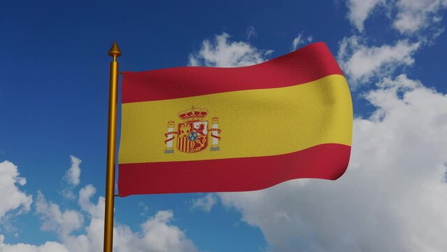 National flag of Spain waving 3D Render with flagpole and blue sky timelapse, Spain flag or Bandera de Espana. la Rojigualda in Kingdom of Spain. Spanish flag textile. High quality 4k footage