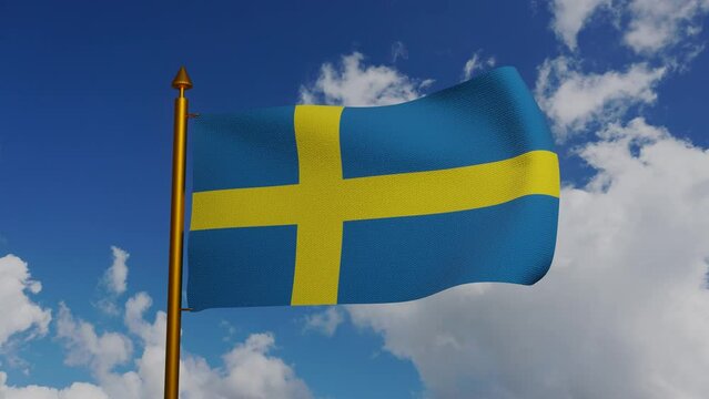 National flag of Sweden waving 3D Render with flagpole and blue sky timelapse, Sveriges flagga with yellow Nordic cross, Swedish flag. High quality 4k footage