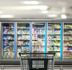 choosing a dairy products at supermarket.empty grocery cart in an empty supermarket