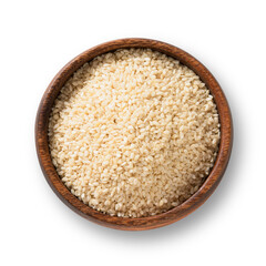 White Sesame seeds in wooden bowl on white background. View from above.