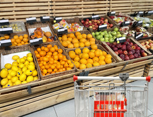 buying vegetables and fruits  at the market.empty grocery cart in an empty supermarket