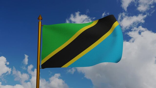 National flag of Tanzania waving 3D Render with flagpole and blue sky timelapse, United Republic of Tanzania flag textile or Swahili bendera ya Tanzania, coat of arms Tanzania independence day. 4k