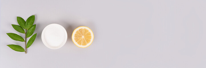 Banner with natural homemade household cleaning or bleaching products - baking soda, lemon, citric...
