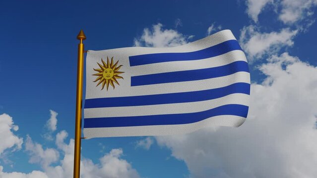 National flag of Uruguay waving 3D Render with flagpole and blue sky timelapse, Oriental Republic of Uruguay flag textile by Joaquin Suarez, coat of arms Uruguay independence day, Pabellon Nacional.