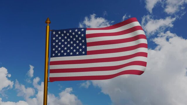 National flag of United States of America 3D Render with flagpole and blue sky timelapse, American or U.S. flag textile, USA flag uncle sam or big brother. High quality 4k footage